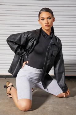 Rebellious Fashion Black Faux Leather Shacket - Leiyah