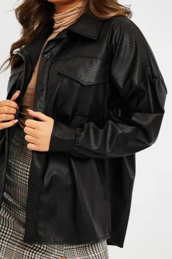 Rebellious Fashion Black Faux Leather Shacket - Leiyah
