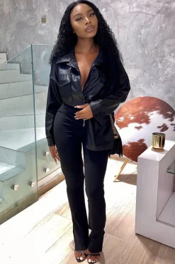 Rebellious Fashion Black Faux Leather Shacket - Leiyah