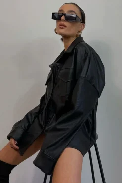 Rebellious Fashion Black Faux Leather Shacket - Leiyah