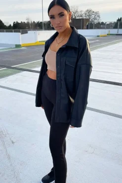Rebellious Fashion Black Faux Leather Shacket - Leiyah