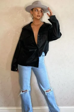 Rebellious Fashion Black Faux Leather Shacket - Leiyah