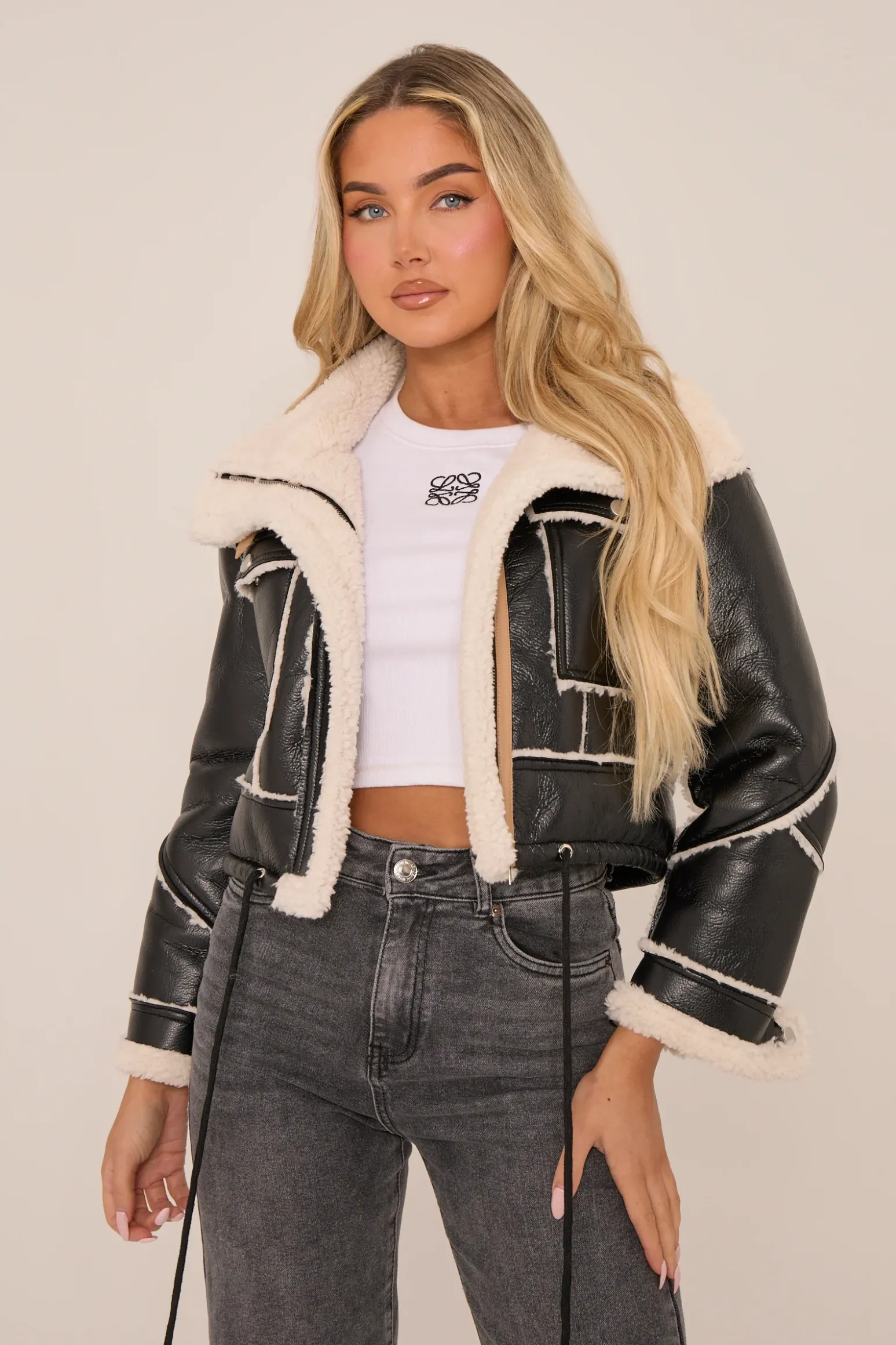 Rebellious Fashion Black Faux Leather Shearling Aviator Cropped Jacket - Avani