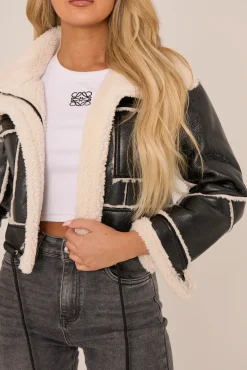 Rebellious Fashion Black Faux Leather Shearling Aviator Cropped Jacket - Avani