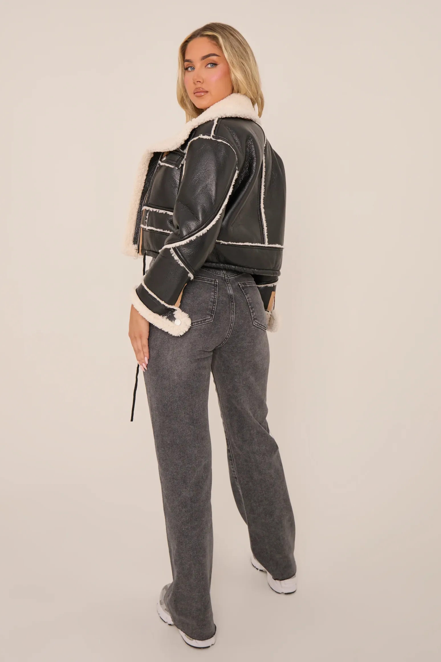 Rebellious Fashion Black Faux Leather Shearling Aviator Cropped Jacket - Avani