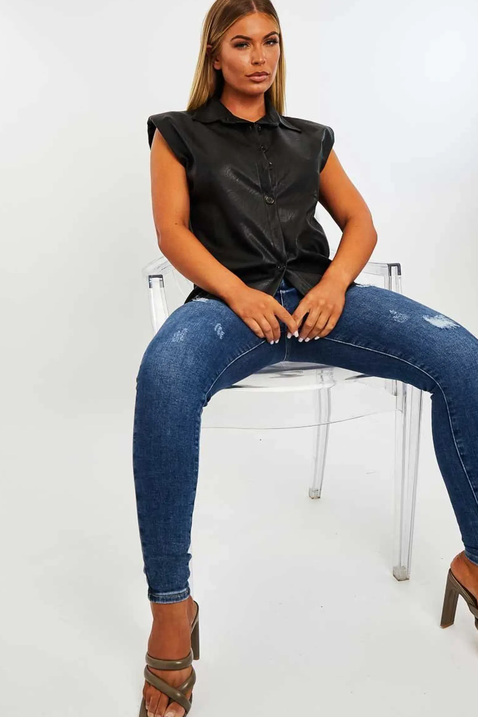Rebellious Fashion Black Faux Leather Shoulder Pad Shirt - Eila