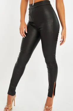 Rebellious Fashion Black Faux Leather Side Split Leggings - Katiana