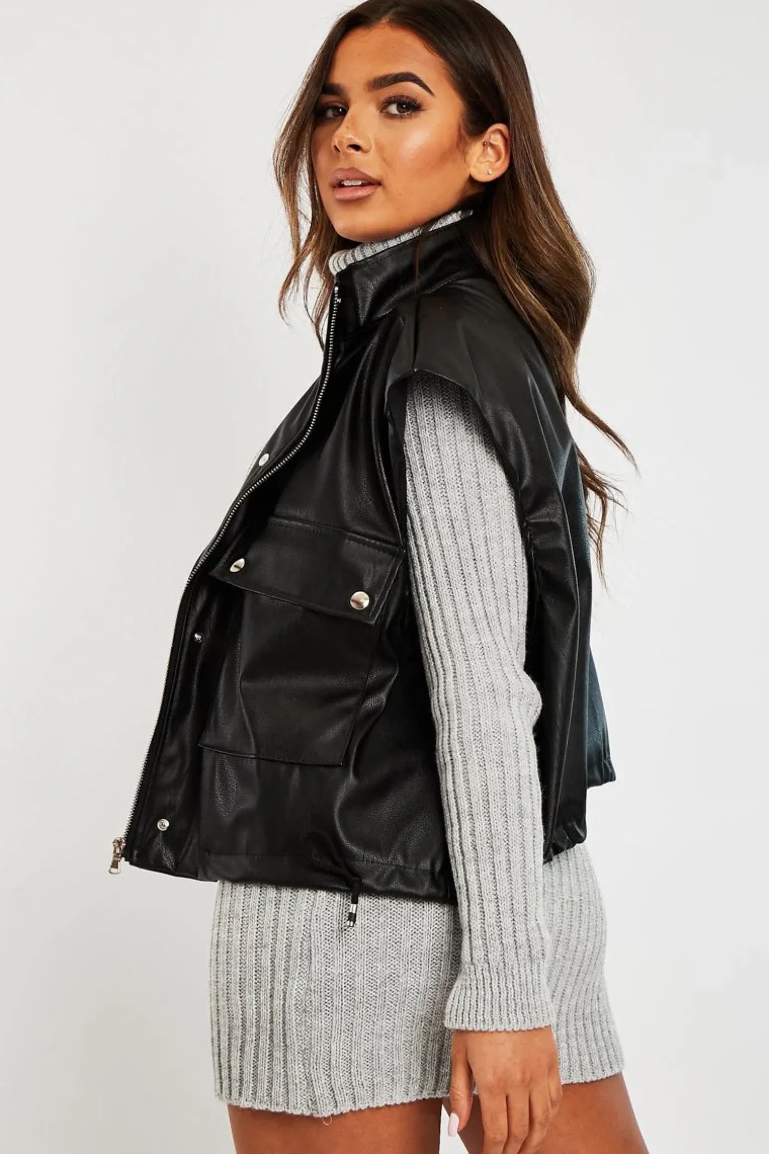 Rebellious Fashion Black Faux Leather Sleeveless Gilet Jacket - Kierstan