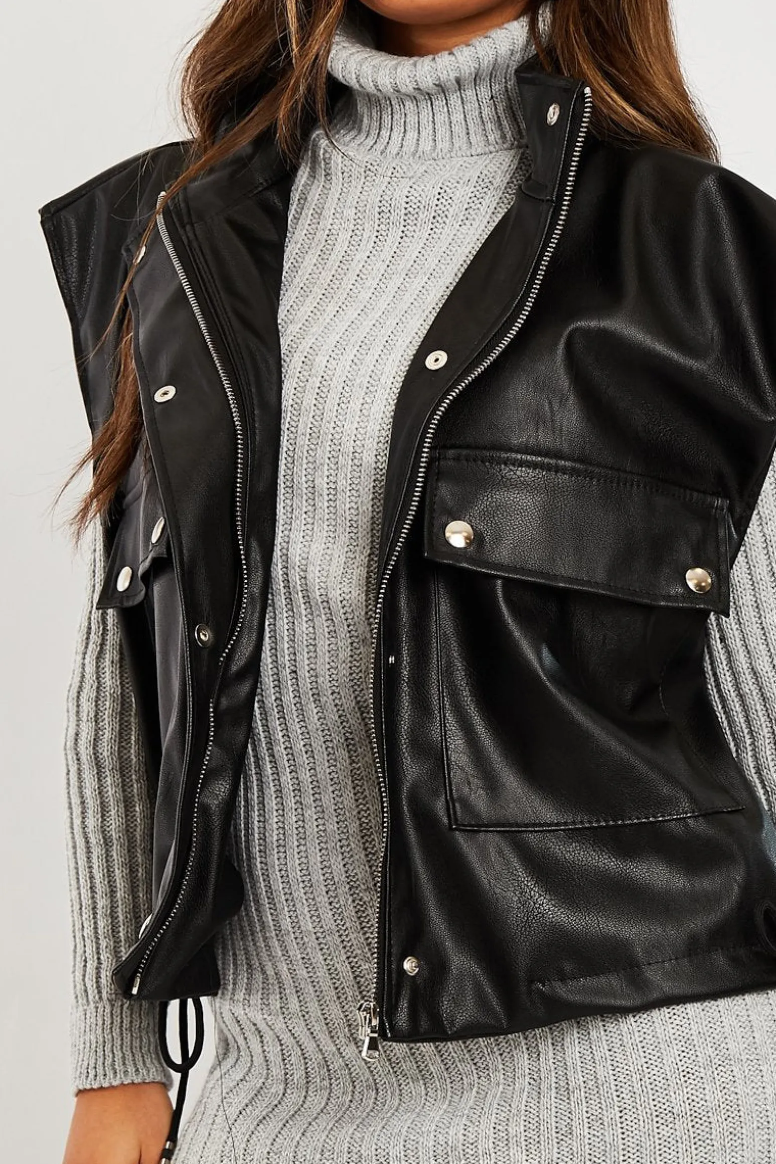 Rebellious Fashion Black Faux Leather Sleeveless Gilet Jacket - Kierstan