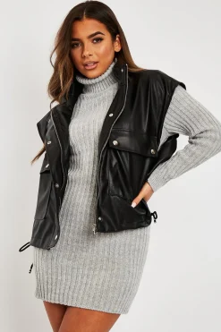 Rebellious Fashion Black Faux Leather Sleeveless Gilet Jacket - Kierstan