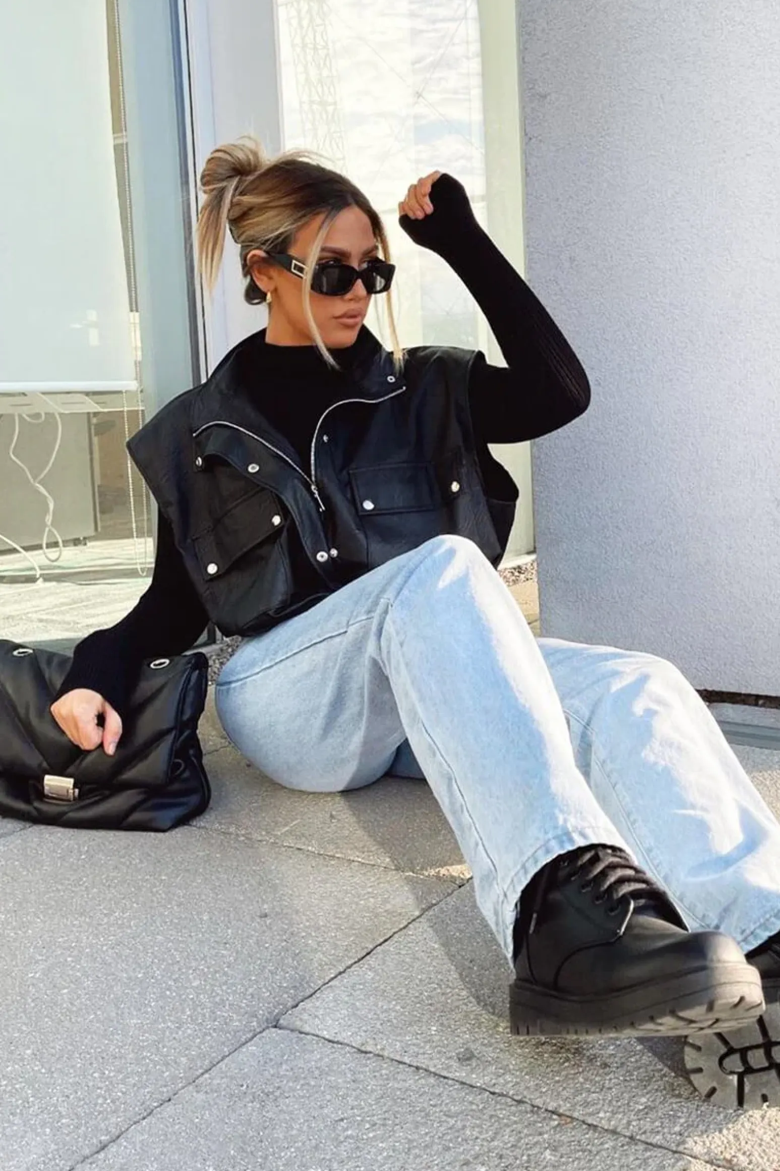 Rebellious Fashion Black Faux Leather Sleeveless Gilet Jacket - Kierstan