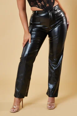 Rebellious Fashion Black Faux Leather Straight Leg Trousers - Arabella