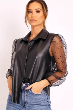 Rebellious Fashion Black Faux Leather Swiss Dot Organza Sleeve Shirt - Roe