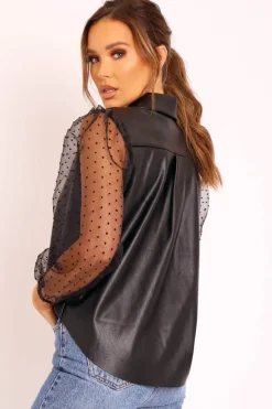 Rebellious Fashion Black Faux Leather Swiss Dot Organza Sleeve Shirt - Roe
