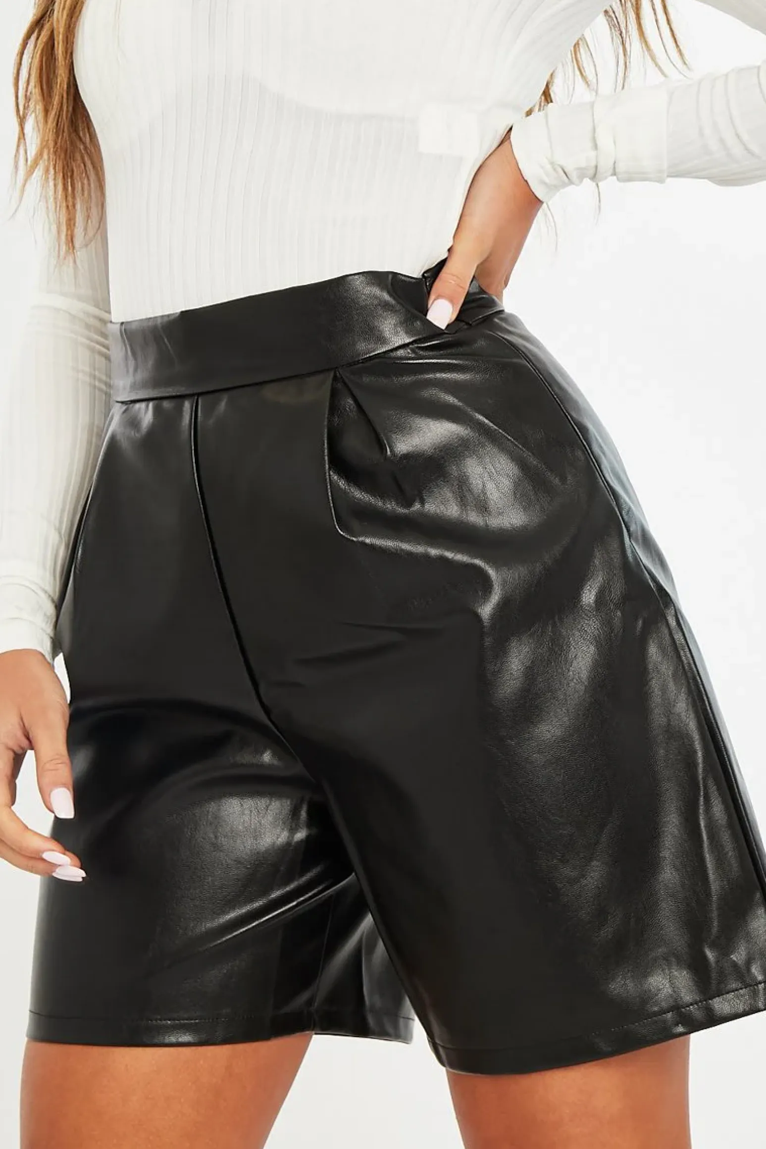 Rebellious Fashion Black Faux Leather Tailored Longline Short - Gloria