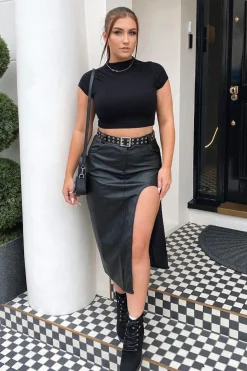 Rebellious Fashion Black Faux Leather Thigh Slit Midi Skirt - Jaden