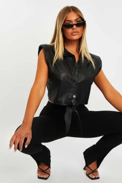 Rebellious Fashion Black Faux Leather Tie Shoulder Pad Shirt - Cristina