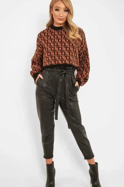 Rebellious Fashion Black Faux Leather Tie Waist Tapered Trousers - Calina