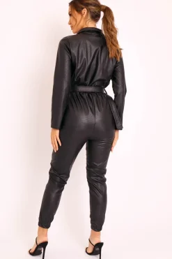 Rebellious Fashion Black Faux Leather Utility Belt Boilersuit - Marlo