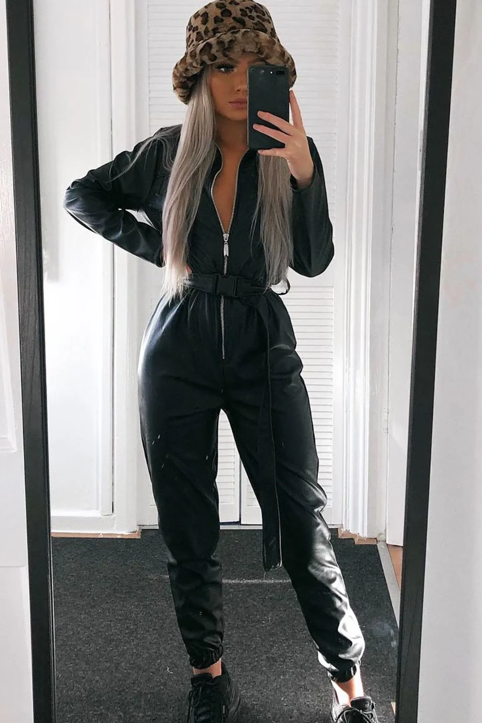 Rebellious Fashion Black Faux Leather Utility Belt Boilersuit - Marlo