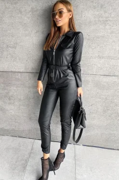Rebellious Fashion Black Faux Leather Utility Belt Boilersuit - Marlo