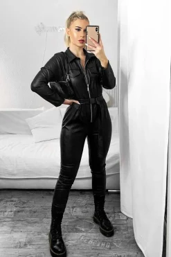 Rebellious Fashion Black Faux Leather Utility Belt Boilersuit - Marlo