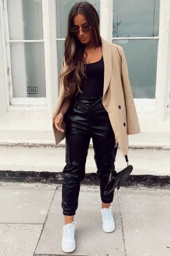 Rebellious Fashion Black Faux Leather Utility Cuff Bottom Trousers - Dayna