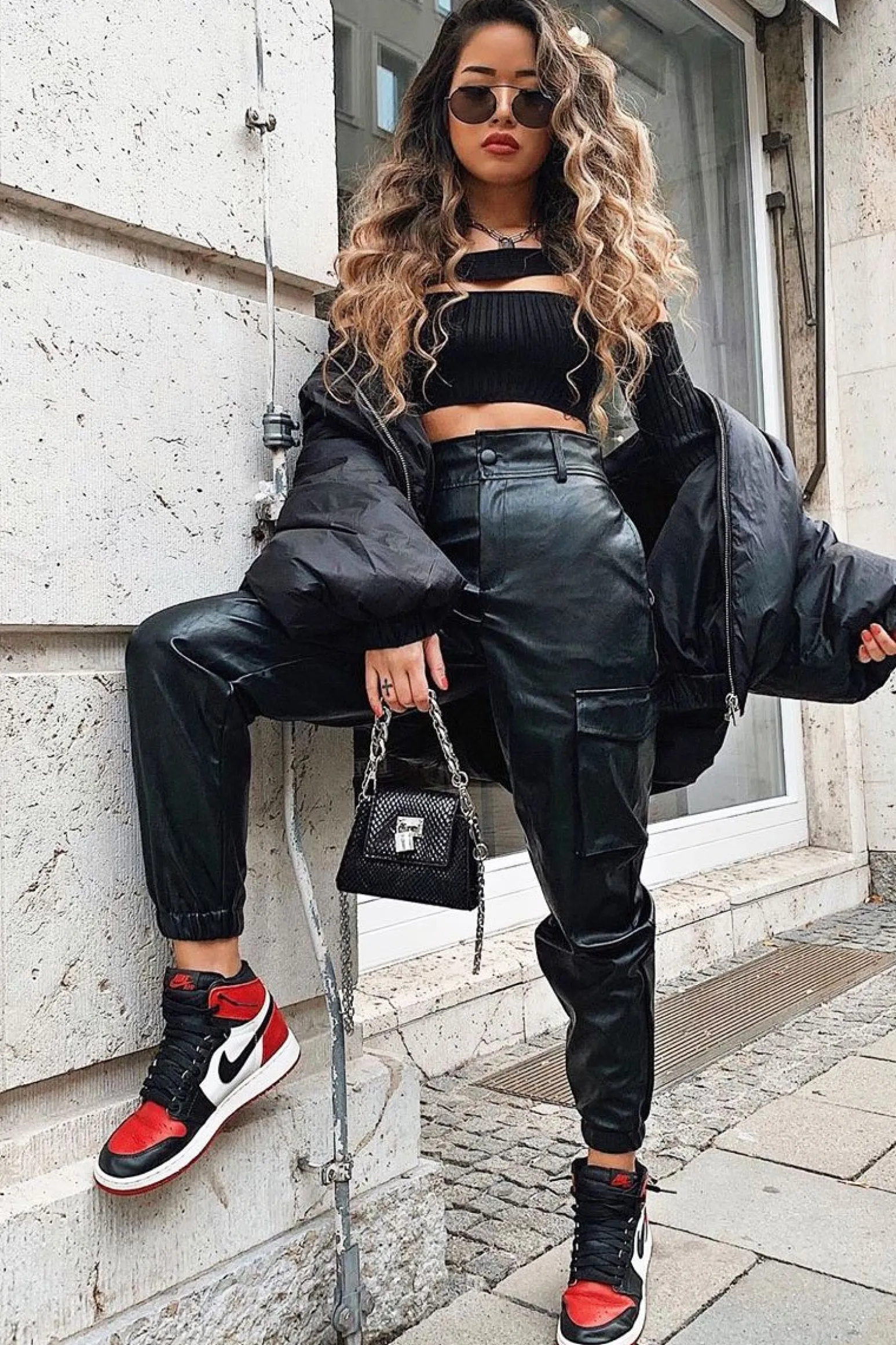 Rebellious Fashion Black Faux Leather Utility Cuff Bottom Trousers - Dayna