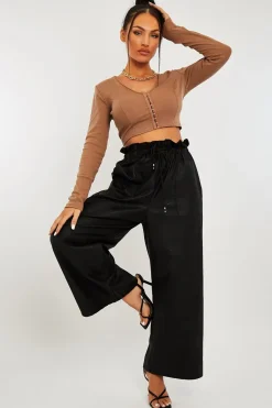 Rebellious Fashion Black Faux Leather Wide Leg Cropped Trouser- Haidy