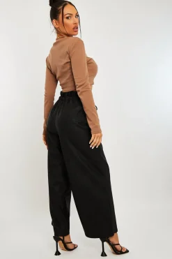Rebellious Fashion Black Faux Leather Wide Leg Cropped Trouser- Haidy