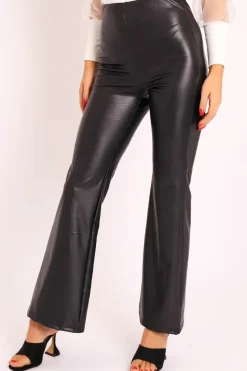 Rebellious Fashion Black Faux Leather Wide Leg Trousers - Floye