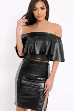 Rebellious Fashion Black Faux Leather With Side Panel Hound-Tooth Midi Skirt - Tanika