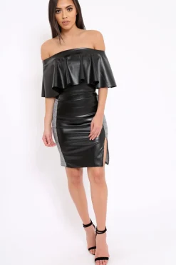 Rebellious Fashion Black Faux Leather With Side Panel Hound-Tooth Midi Skirt - Tanika