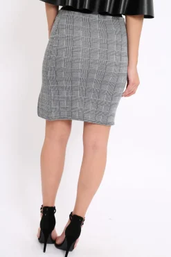 Rebellious Fashion Black Faux Leather With Side Panel Hound-Tooth Midi Skirt - Tanika