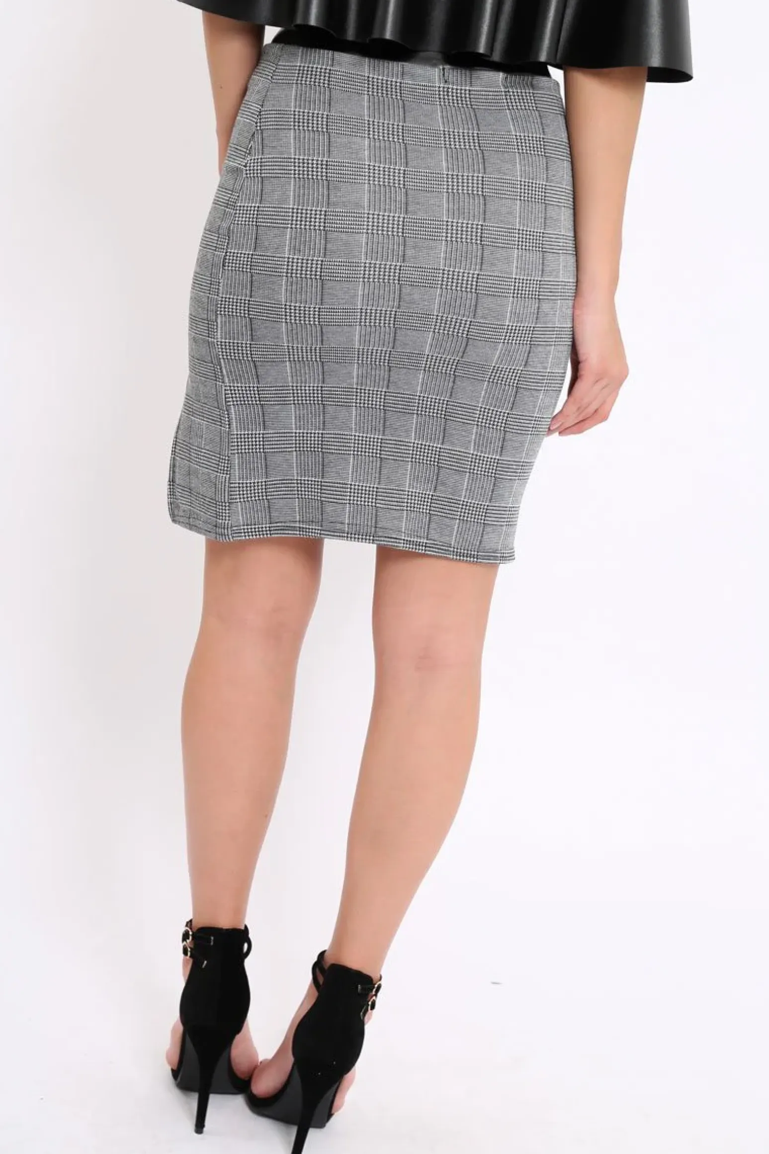 Rebellious Fashion Black Faux Leather With Side Panel Hound-Tooth Midi Skirt - Tanika