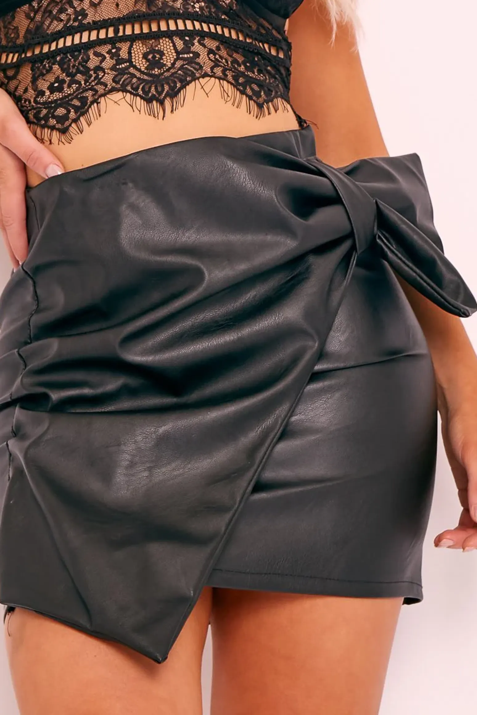 Rebellious Fashion Black Faux Leather Wrap Detail Mini Skirt - Carah