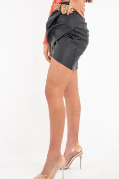 Rebellious Fashion Black Faux Leather Wrap Front Mini Skirt - Ivyanna