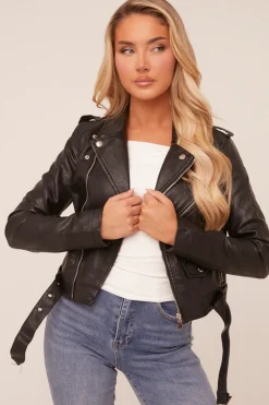 Rebellious Fashion Black Faux Leather Zip Detail Biker Jacket - Leyla