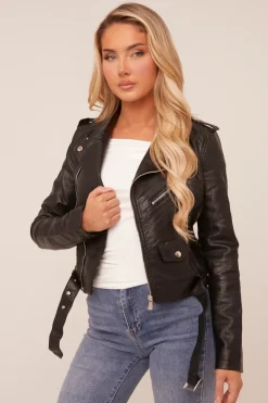 Rebellious Fashion Black Faux Leather Zip Detail Biker Jacket - Leyla