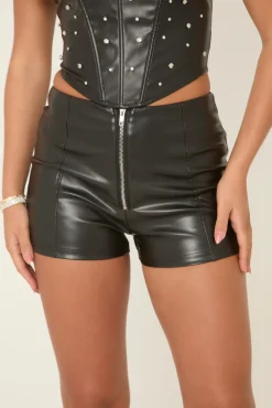 Rebellious Fashion Black Faux Leather Zip Front Shorts - Selena