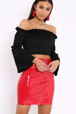 Rebellious Fashion Black Faux Suede Crop Bardot Top - Torri