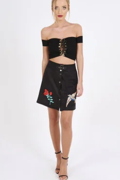 Rebellious Fashion Black Faux Suede Embroidered Button Up Mini Skirt - Marlia
