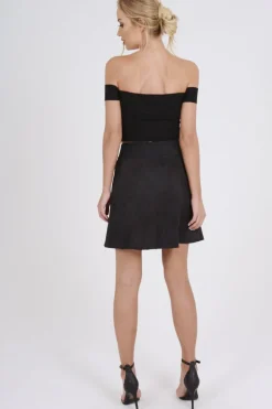 Rebellious Fashion Black Faux Suede Embroidered Button Up Mini Skirt - Marlia