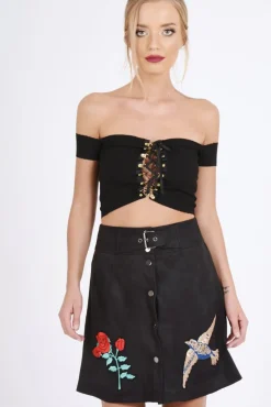 Rebellious Fashion Black Faux Suede Embroidered Button Up Mini Skirt - Marlia