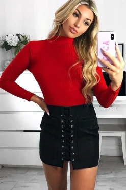Rebellious Fashion Black Faux Suede Lace Up Mini Skirt - Evelise