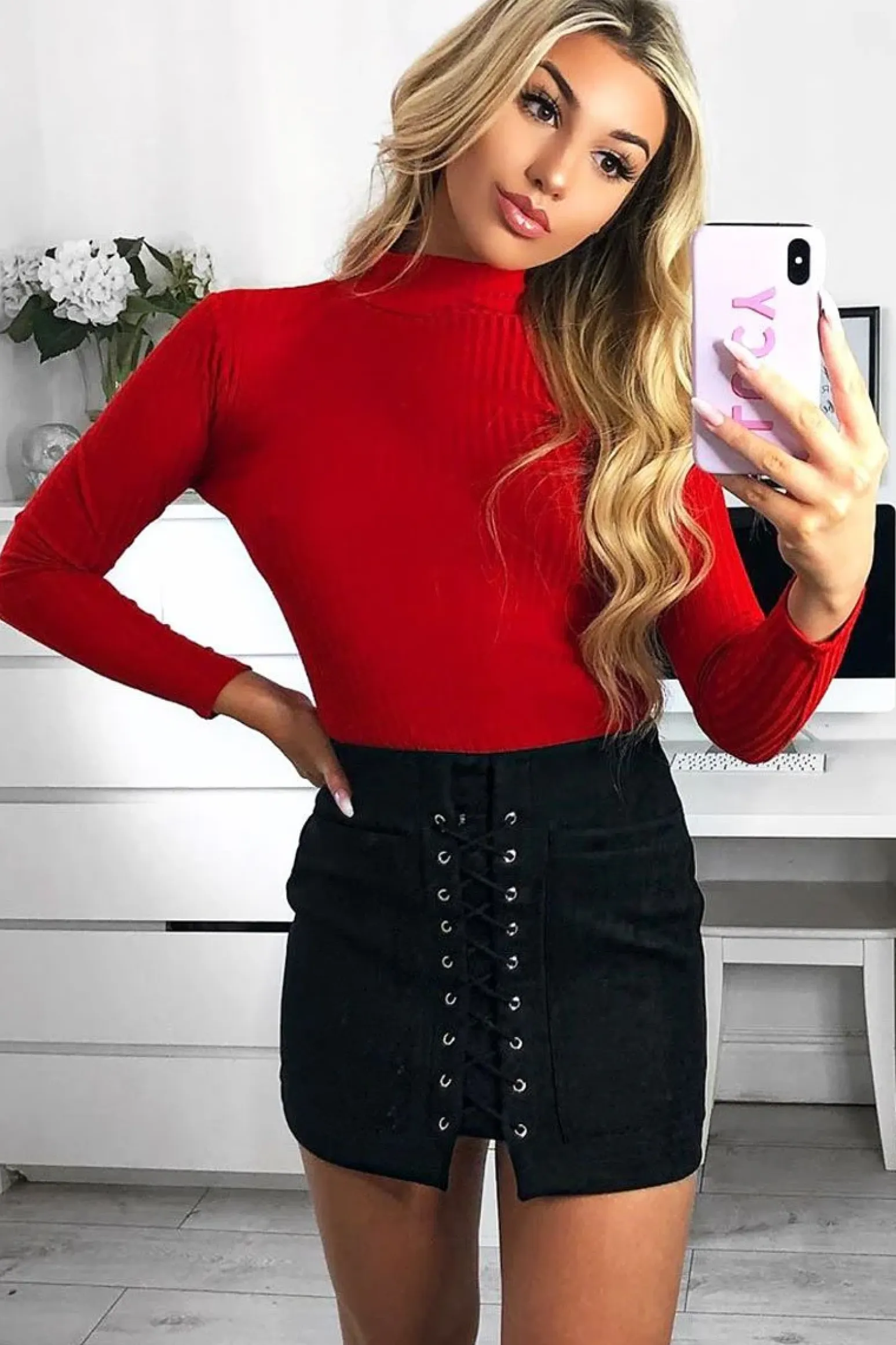 Rebellious Fashion Black Faux Suede Lace Up Mini Skirt - Evelise
