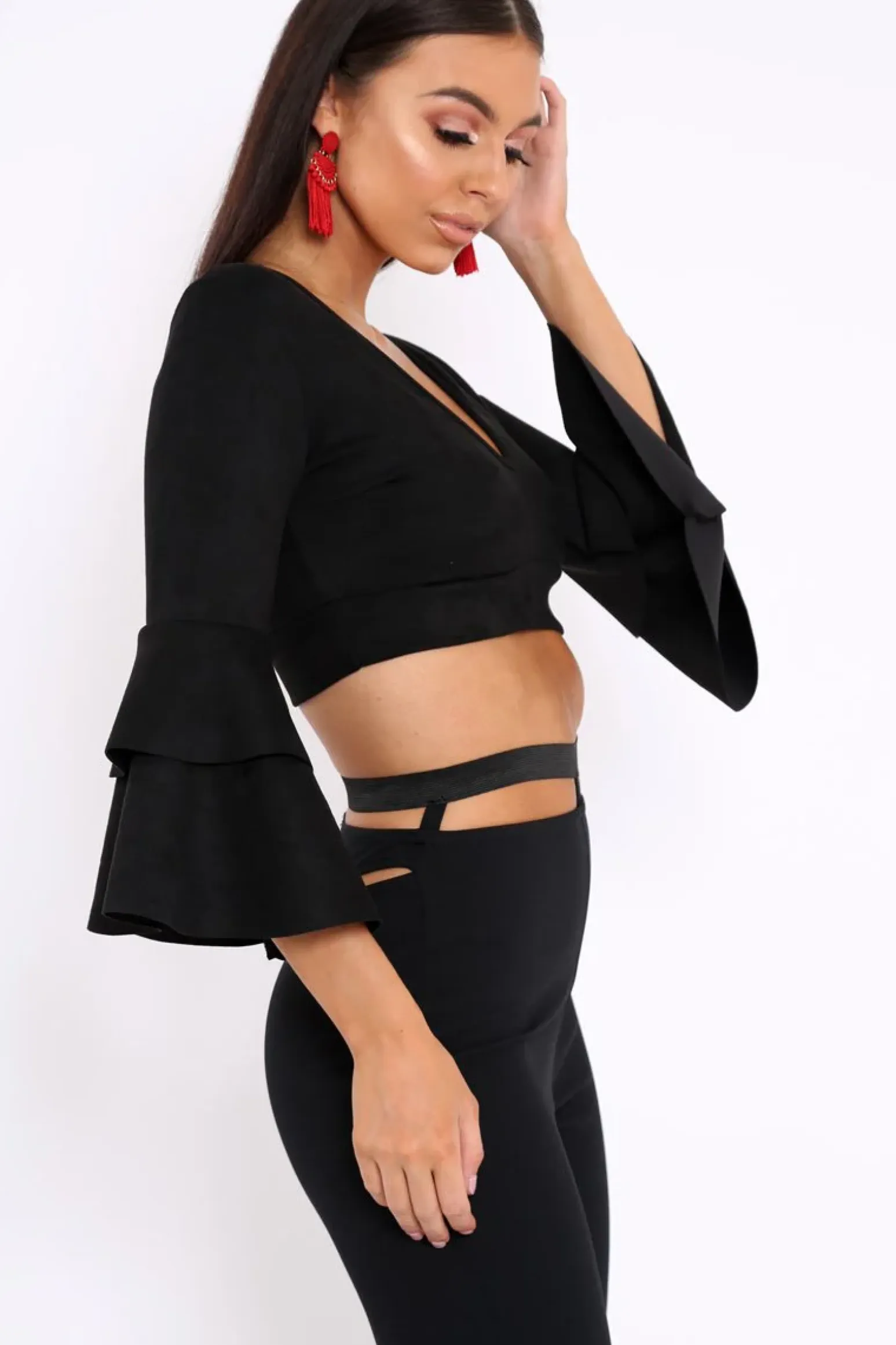 Rebellious Fashion Black Faux Suede Plunge Front Crop Top - Quorra