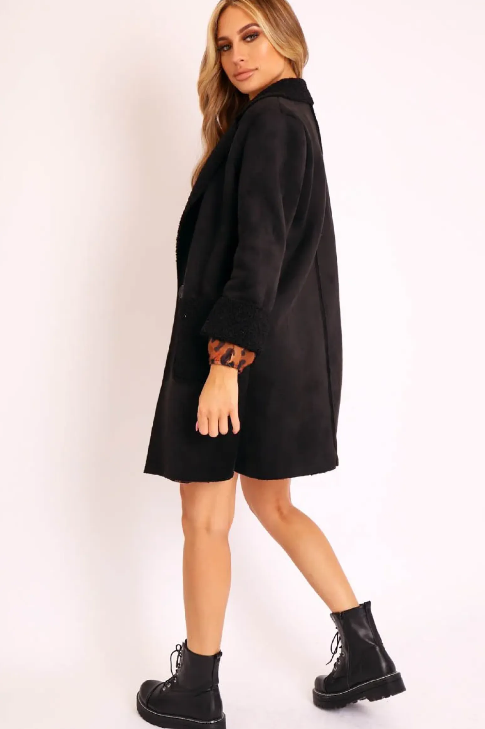 Rebellious Fashion Black Faux Suede Shearling Coat - Izabella
