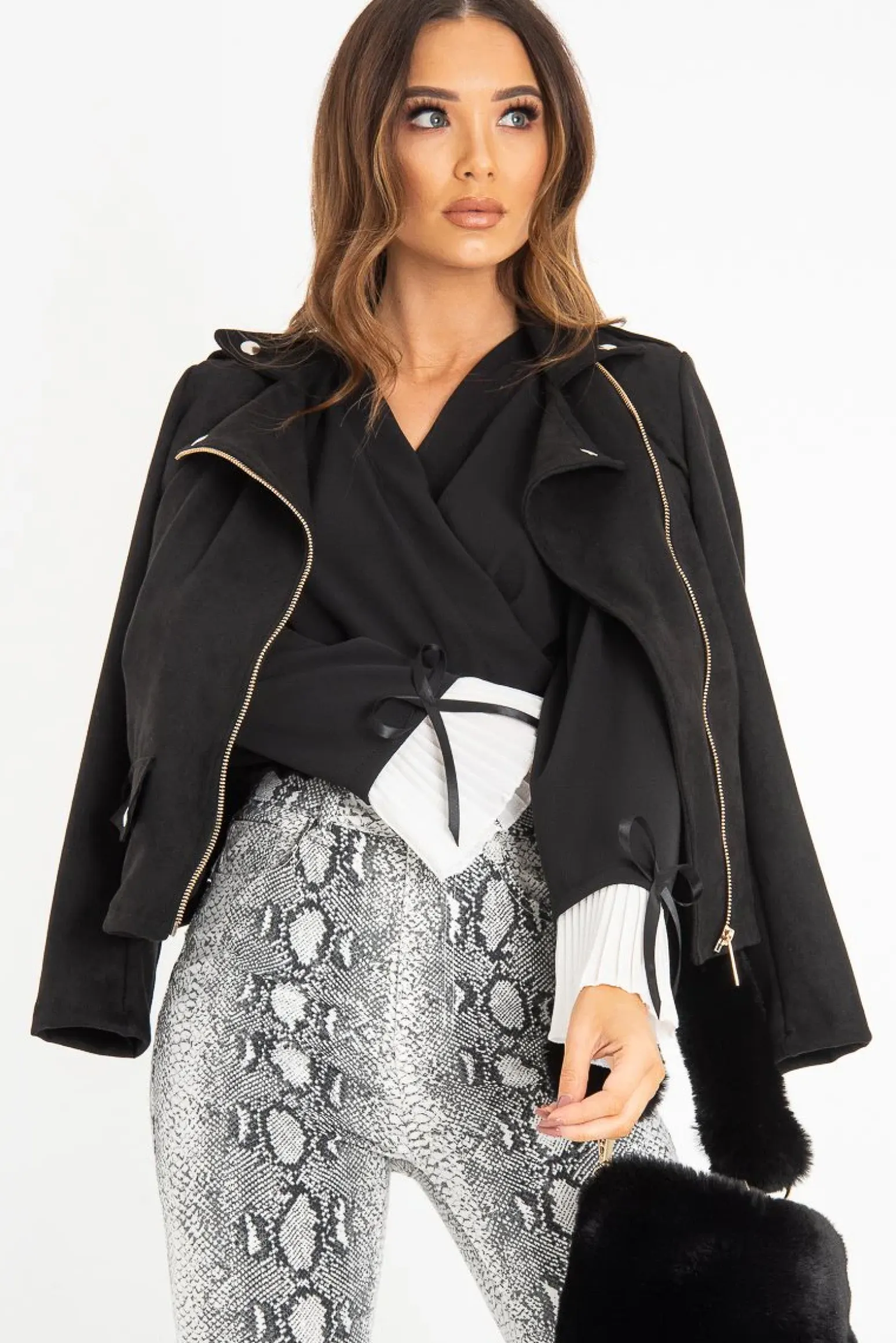 Rebellious Fashion Black Faux Suede Zip Front Biker Jacket - Isadora