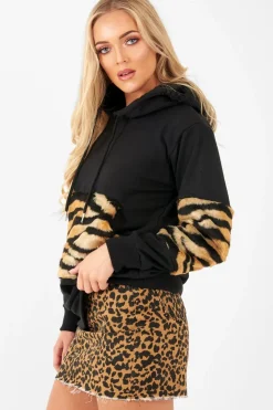 Rebellious Fashion Black Faux Tiger Fur Detail Hoodie - Braelyn